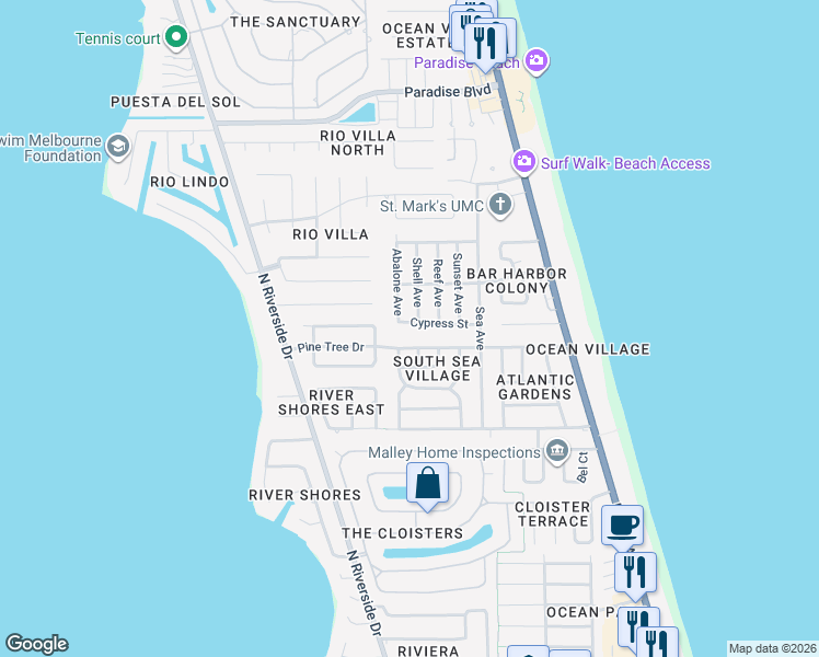 map of restaurants, bars, coffee shops, grocery stores, and more near 431 Cypress Street in Indialantic