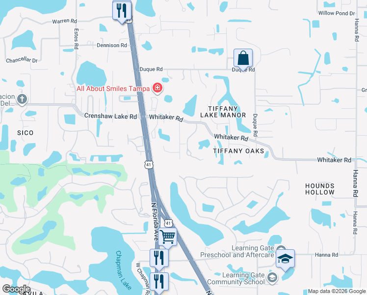 map of restaurants, bars, coffee shops, grocery stores, and more near 16909 Melba Lane in Lutz