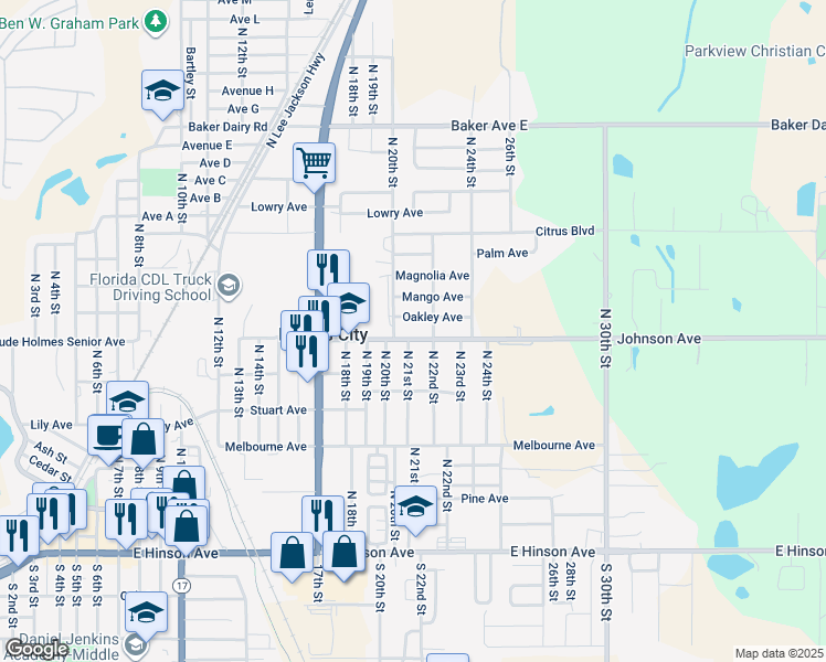map of restaurants, bars, coffee shops, grocery stores, and more near 2018 East Johnson Avenue in Haines City