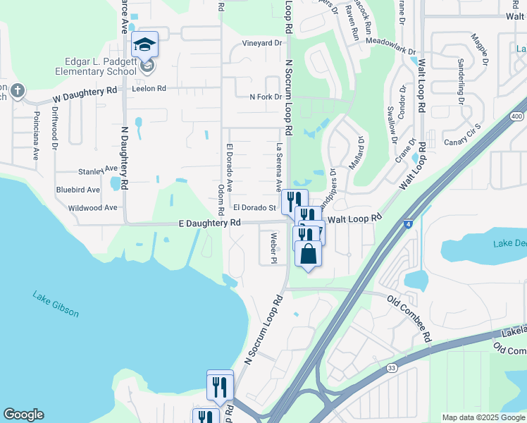 map of restaurants, bars, coffee shops, grocery stores, and more near 411 El Dorado Street in Lakeland