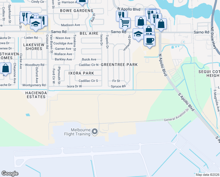 map of restaurants, bars, coffee shops, grocery stores, and more near 1593 Spruce Road in Melbourne