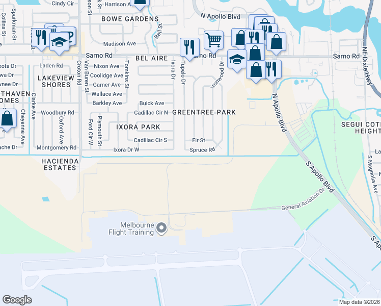 map of restaurants, bars, coffee shops, grocery stores, and more near 1593 Spruce Road in Melbourne