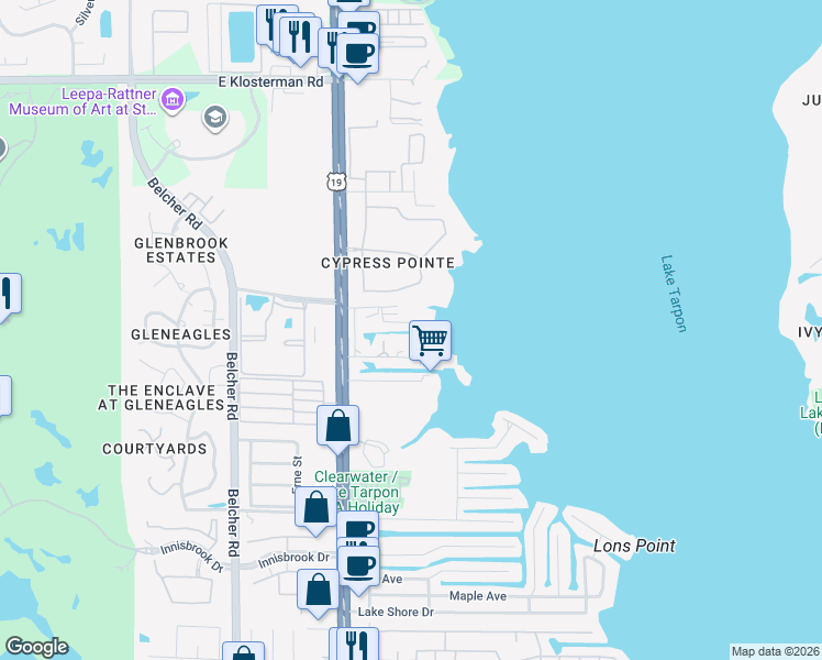map of restaurants, bars, coffee shops, grocery stores, and more near 2628 Trent Road in Palm Harbor