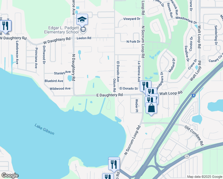 map of restaurants, bars, coffee shops, grocery stores, and more near 5516 Odom Road in Lakeland