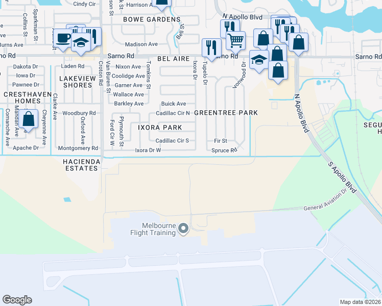 map of restaurants, bars, coffee shops, grocery stores, and more near 1687 Ixora Drive West in Melbourne