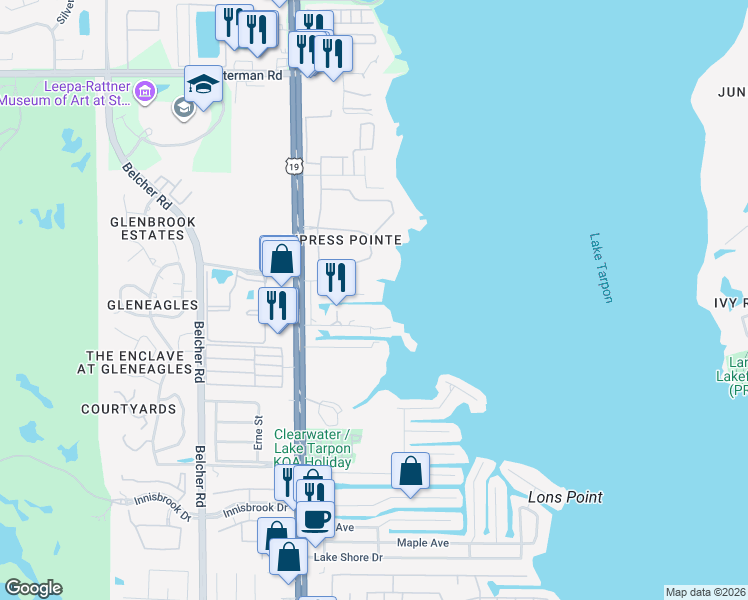 map of restaurants, bars, coffee shops, grocery stores, and more near 2628 Trent Road in Palm Harbor
