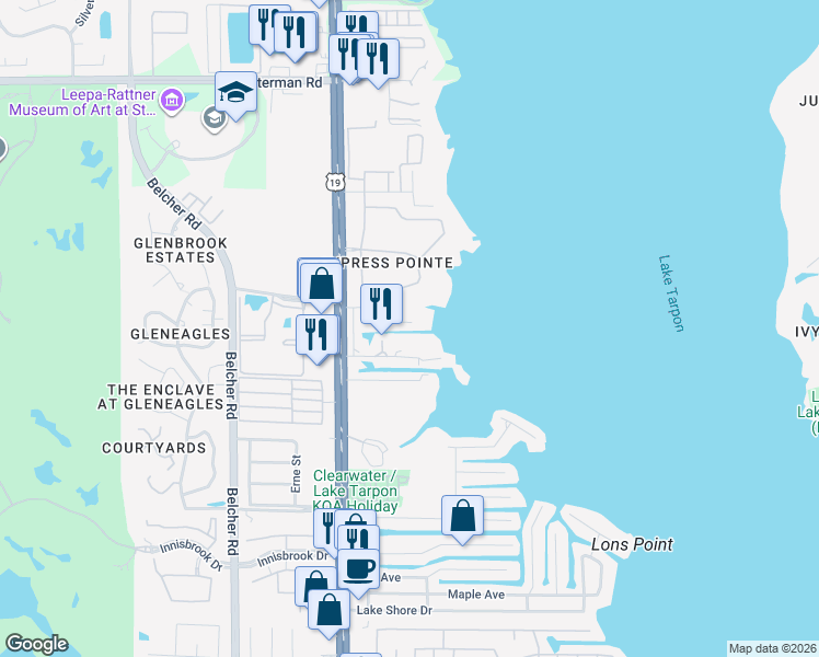 map of restaurants, bars, coffee shops, grocery stores, and more near 2628 Trent Road in Palm Harbor