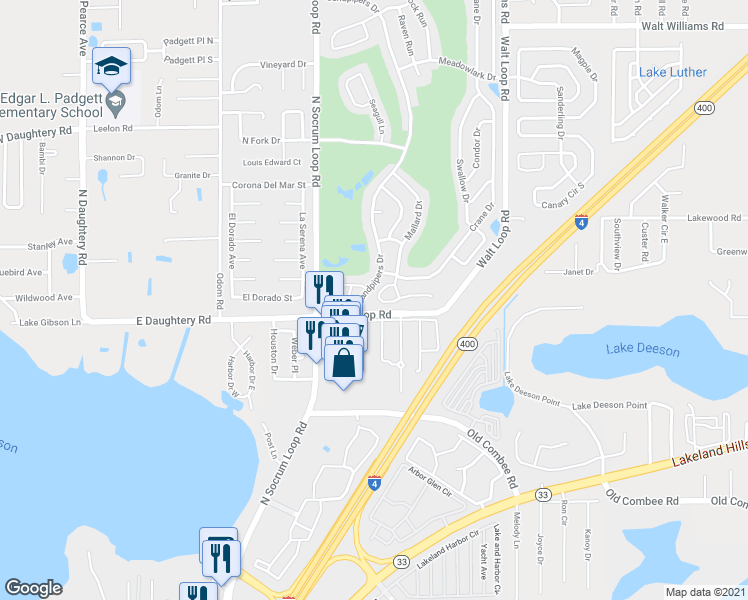 map of restaurants, bars, coffee shops, grocery stores, and more near 678 Cockatoo Loop in Lakeland