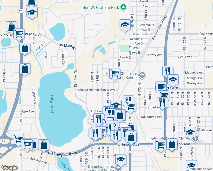 map of restaurants, bars, coffee shops, grocery stores, and more near 510 North 6th Street in Haines City