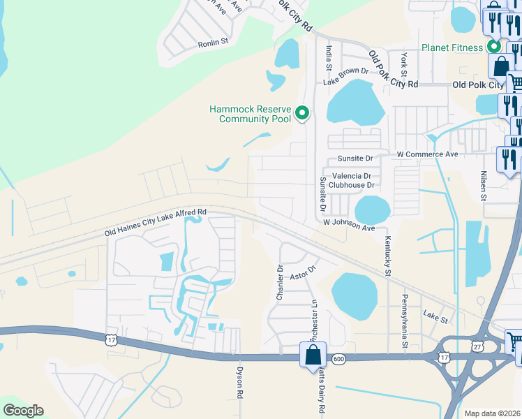 map of restaurants, bars, coffee shops, grocery stores, and more near 3831 Old Haines City Lake Alfred Road in Haines City