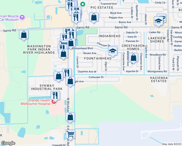 map of restaurants, bars, coffee shops, grocery stores, and more near 2793 Chartres Avenue West in Melbourne