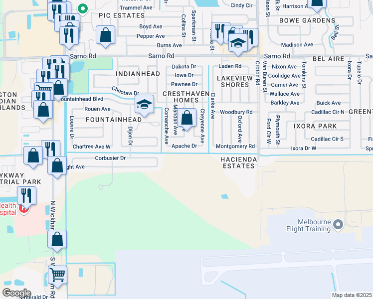 map of restaurants, bars, coffee shops, grocery stores, and more near 2407 Apache Drive in Melbourne