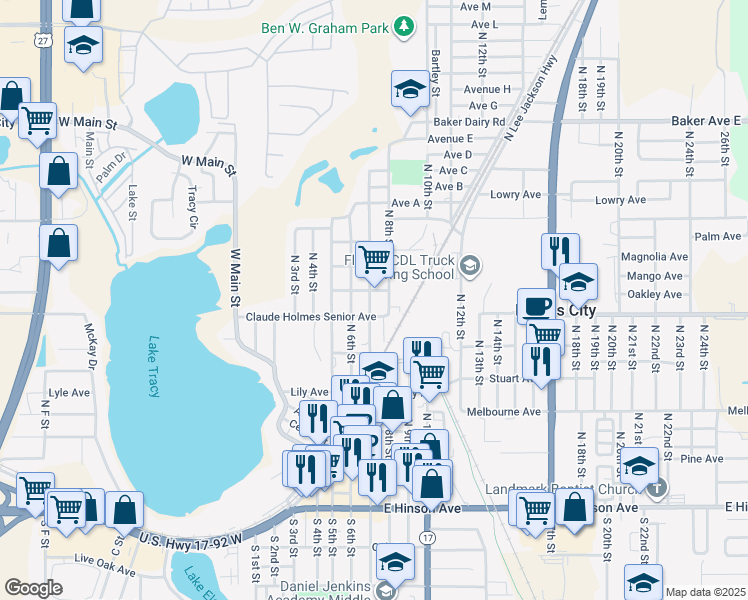 map of restaurants, bars, coffee shops, grocery stores, and more near 513 North 7th Street in Haines City