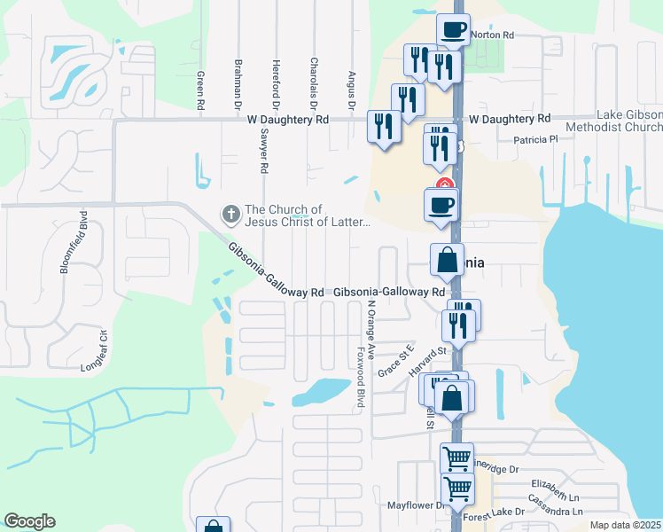 map of restaurants, bars, coffee shops, grocery stores, and more near 5519 Annette Street in Lakeland