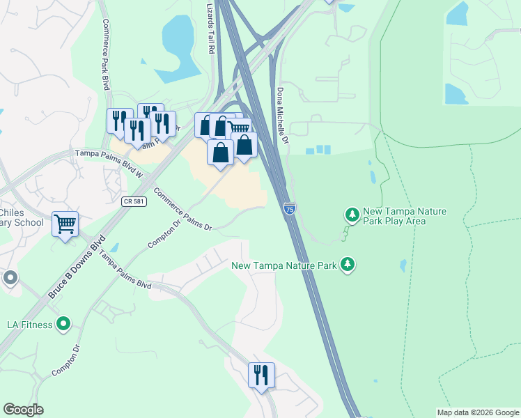 map of restaurants, bars, coffee shops, grocery stores, and more near Bruce B Downs Boulevard in Tampa