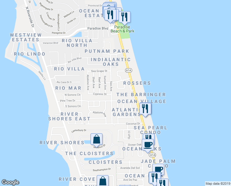 map of restaurants, bars, coffee shops, grocery stores, and more near 190 Waters Edge Lane in Indialantic