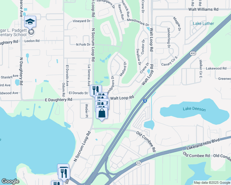 map of restaurants, bars, coffee shops, grocery stores, and more near 678 Cockatoo Loop in Lakeland
