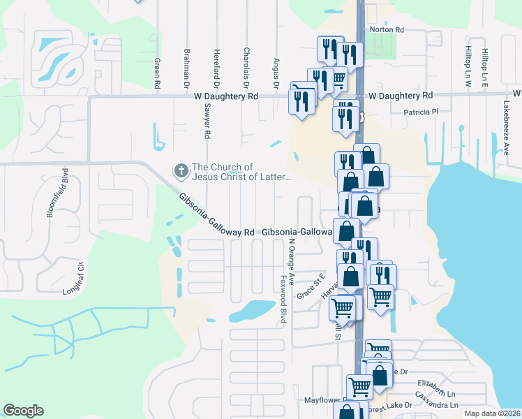 map of restaurants, bars, coffee shops, grocery stores, and more near 5519 Annette Street in Lakeland