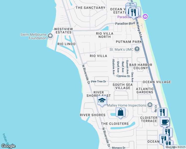 map of restaurants, bars, coffee shops, grocery stores, and more near 606 North Sonora Circle in Indialantic