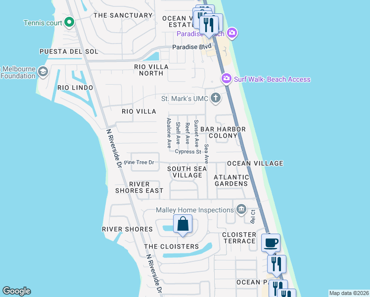 map of restaurants, bars, coffee shops, grocery stores, and more near 2205 Reef Avenue in Indialantic