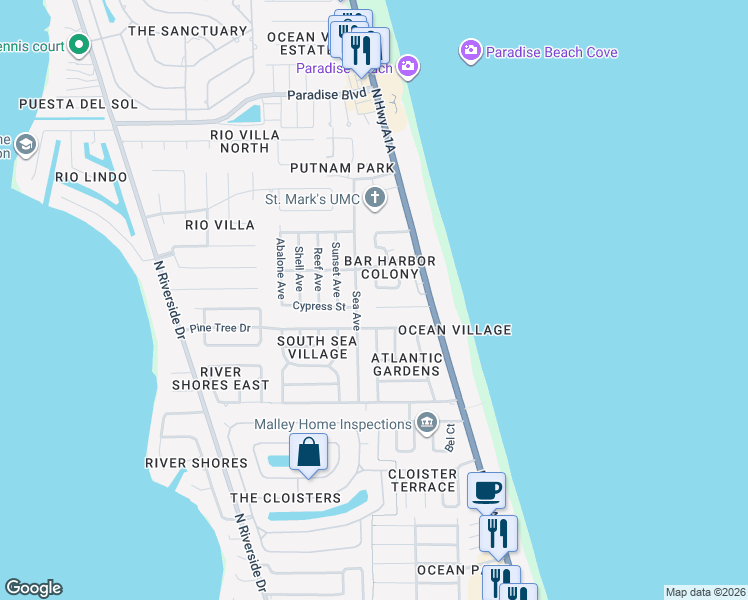 map of restaurants, bars, coffee shops, grocery stores, and more near 190 Waters Edge Lane in Indialantic