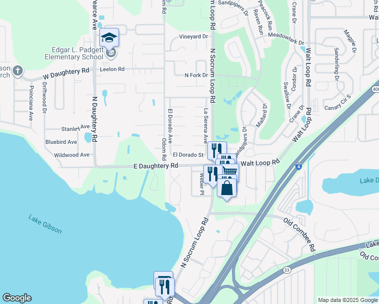 map of restaurants, bars, coffee shops, grocery stores, and more near 411 El Dorado Street in Lakeland
