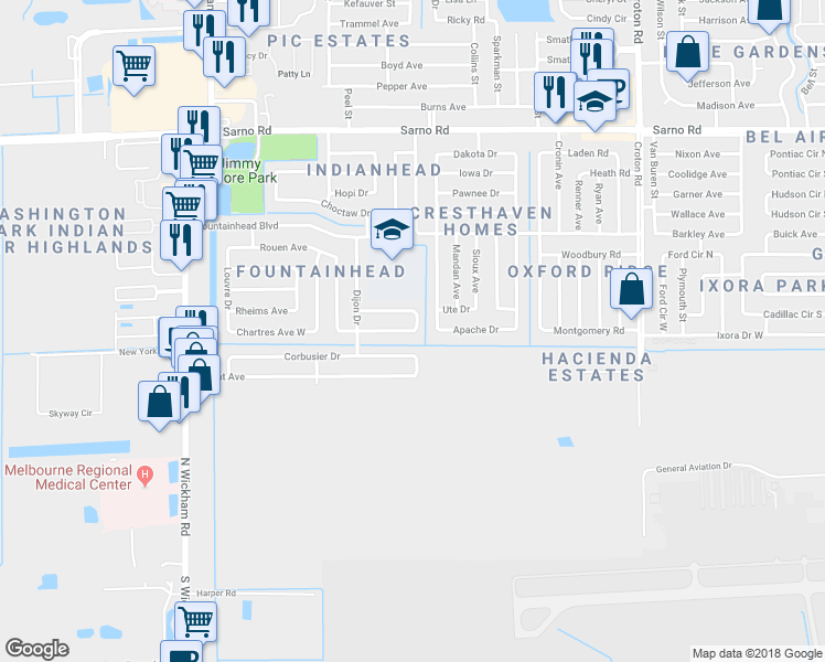 map of restaurants, bars, coffee shops, grocery stores, and more near 2541 Quebec Avenue in Melbourne