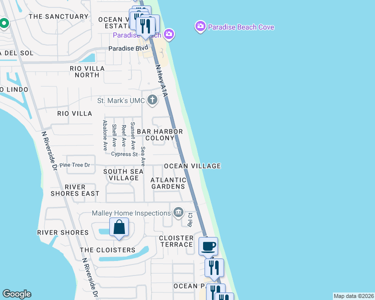 map of restaurants, bars, coffee shops, grocery stores, and more near 1835 North Highway A1A in Indialantic