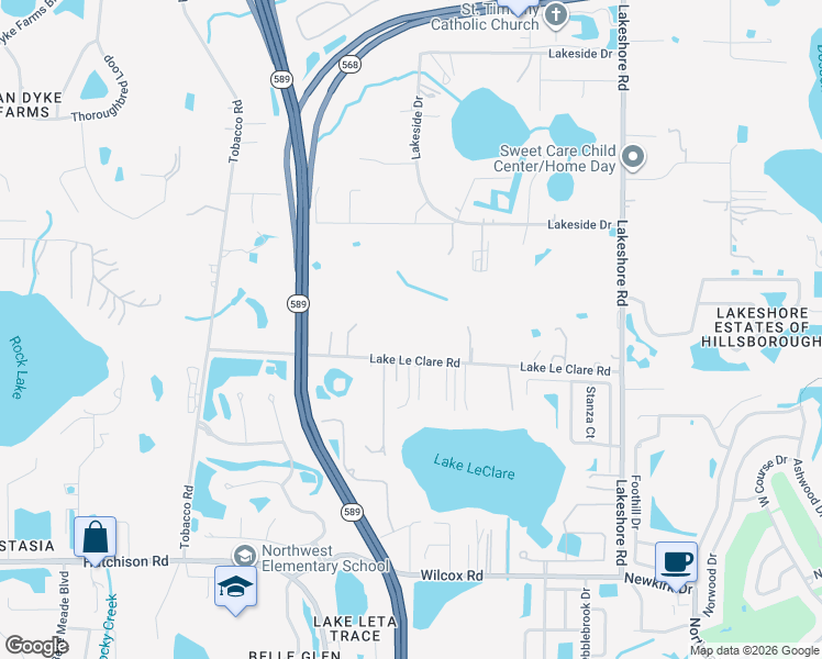 map of restaurants, bars, coffee shops, grocery stores, and more near 5455 Lake Le Clare Road in Lutz