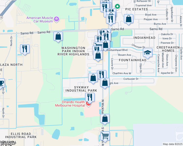 map of restaurants, bars, coffee shops, grocery stores, and more near 570 North Wickham Road in Melbourne