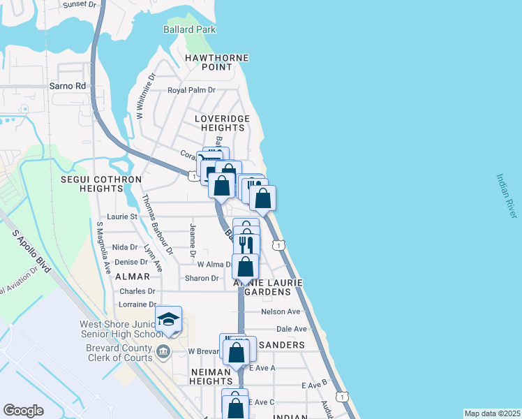 map of restaurants, bars, coffee shops, grocery stores, and more near 405 North Harbor City Boulevard in Melbourne