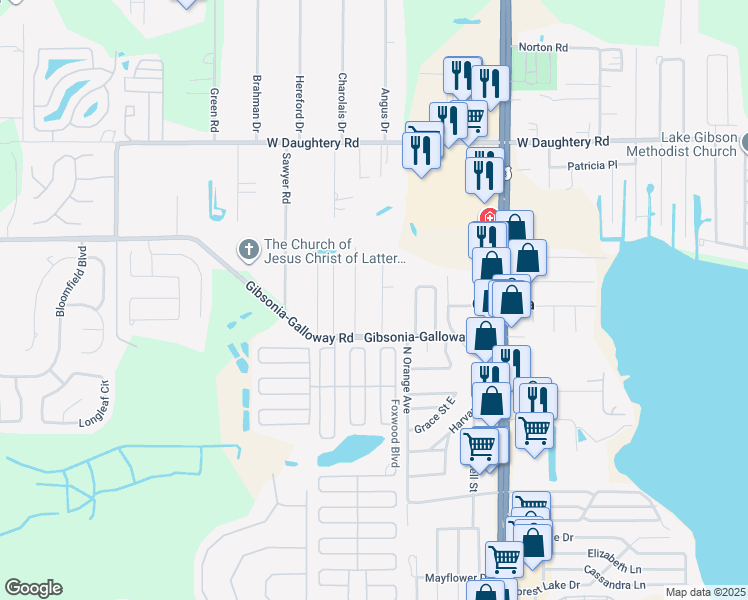 map of restaurants, bars, coffee shops, grocery stores, and more near 5519 Annette Street in Lakeland
