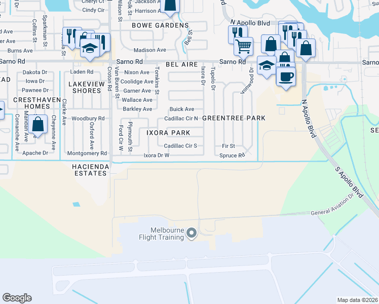 map of restaurants, bars, coffee shops, grocery stores, and more near 1687 Ixora Drive West in Melbourne