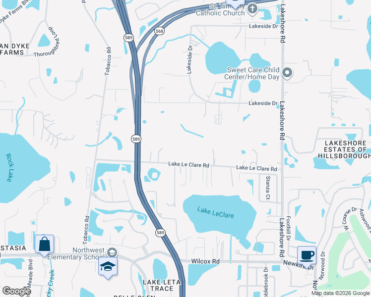 map of restaurants, bars, coffee shops, grocery stores, and more near 5455 Lake Le Clare Road in Lutz