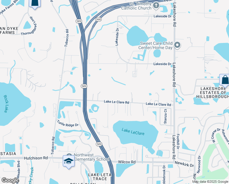 map of restaurants, bars, coffee shops, grocery stores, and more near 5455 Lake Le Clare Road in Lutz
