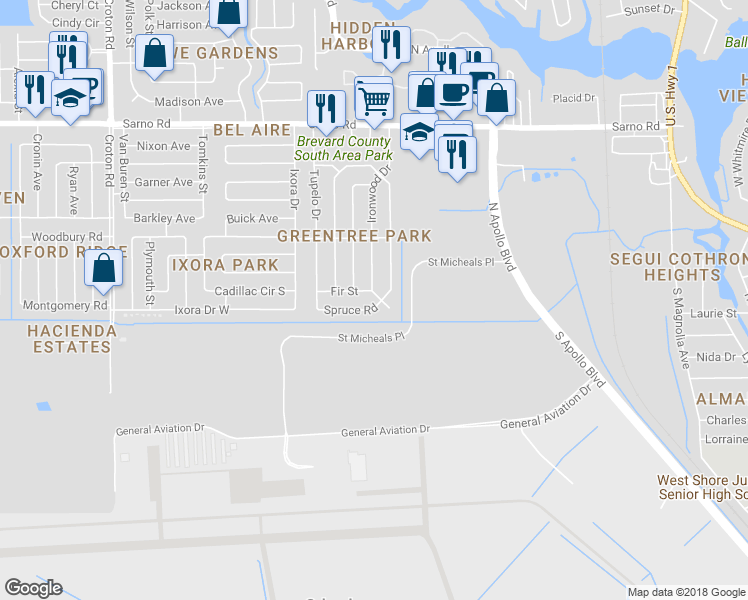 map of restaurants, bars, coffee shops, grocery stores, and more near 508 Ironwood Drive in Melbourne