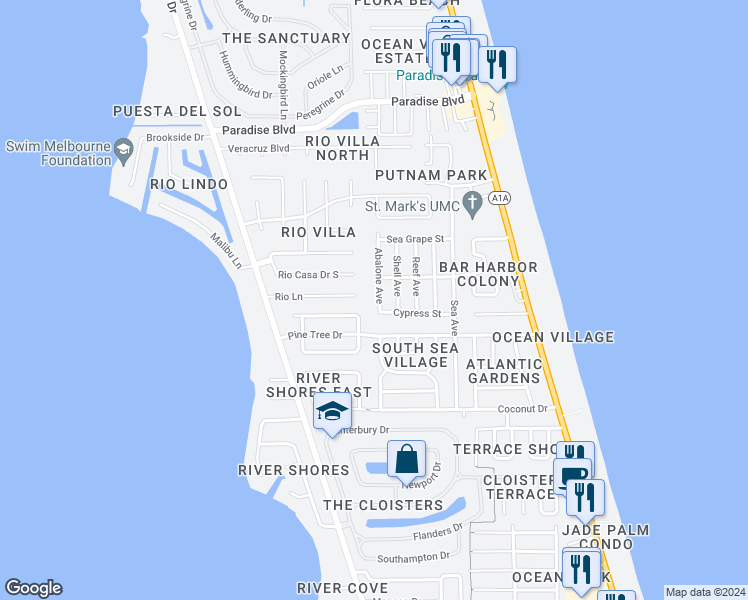 map of restaurants, bars, coffee shops, grocery stores, and more near 2225 Abalone Avenue in Indialantic