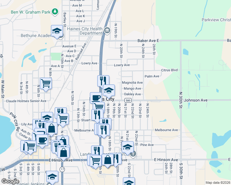 map of restaurants, bars, coffee shops, grocery stores, and more near 1820 East Johnson Avenue in Haines City
