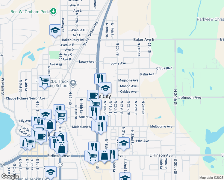 map of restaurants, bars, coffee shops, grocery stores, and more near 1820 East Johnson Avenue in Haines City