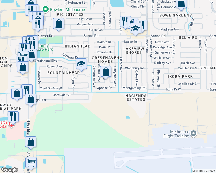 map of restaurants, bars, coffee shops, grocery stores, and more near 2407 Apache Drive in Melbourne