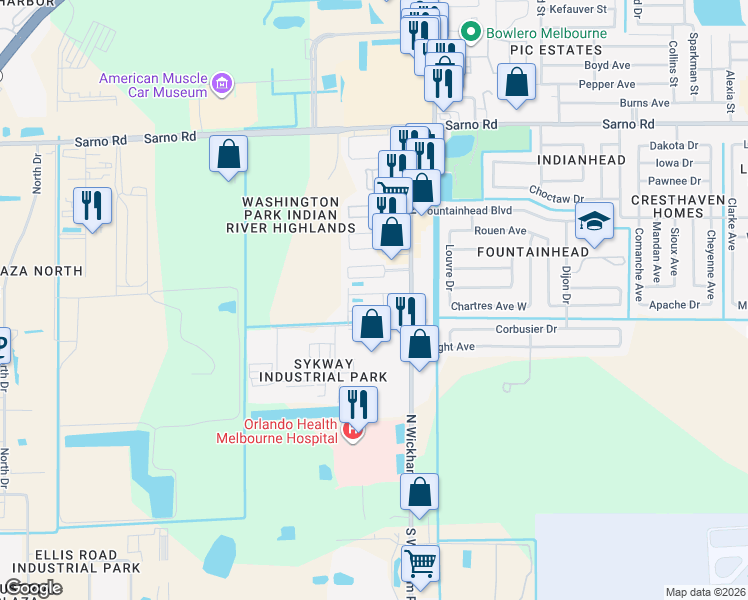 map of restaurants, bars, coffee shops, grocery stores, and more near 570 North Wickham Road in Melbourne