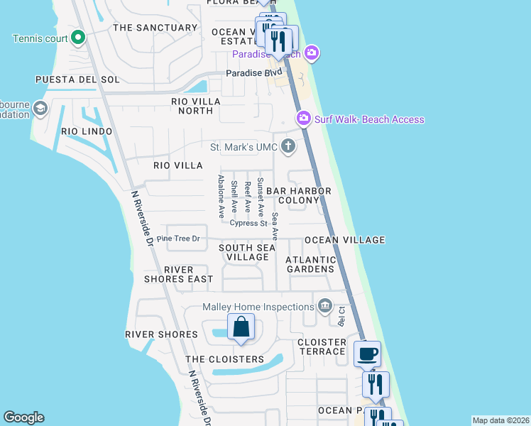 map of restaurants, bars, coffee shops, grocery stores, and more near 2215 Sunset Avenue in Indialantic