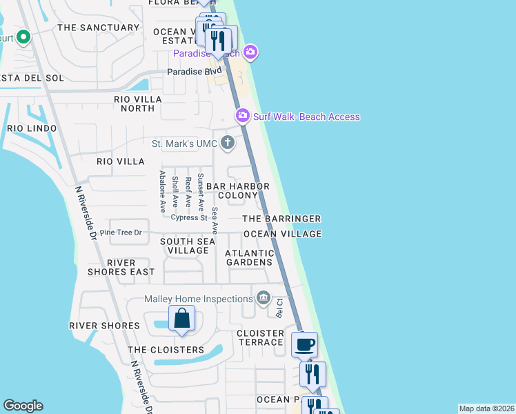 map of restaurants, bars, coffee shops, grocery stores, and more near 129 Waters Edge Lane in Indialantic