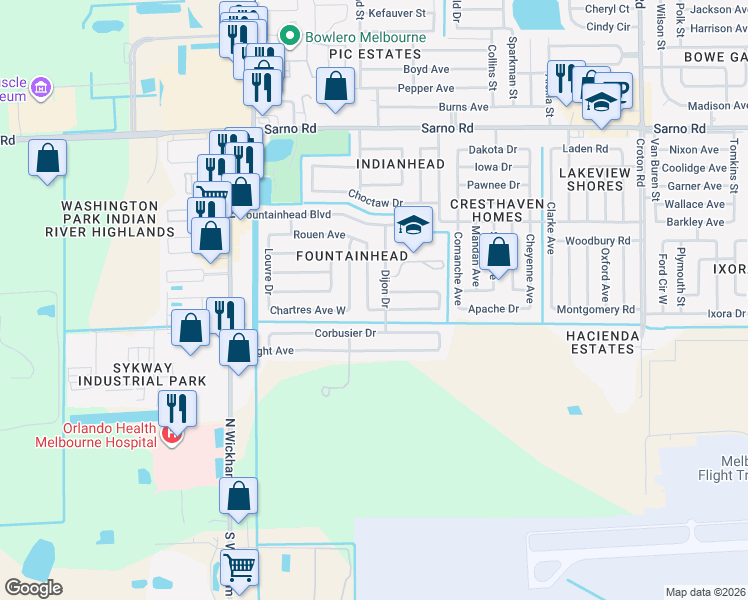 map of restaurants, bars, coffee shops, grocery stores, and more near 486 Avignon Drive in Melbourne