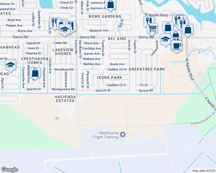 map of restaurants, bars, coffee shops, grocery stores, and more near 1823 Cadillac Circle South in Melbourne