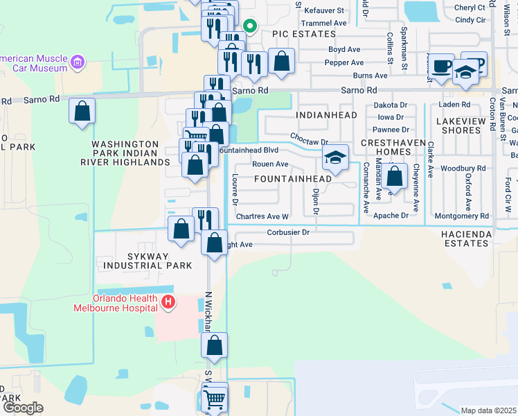 map of restaurants, bars, coffee shops, grocery stores, and more near 2877 Chartres Avenue West in Melbourne