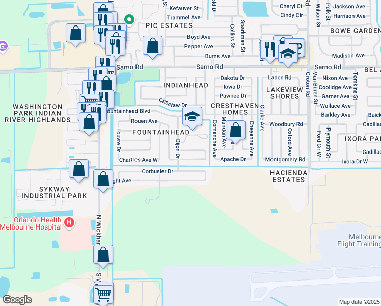map of restaurants, bars, coffee shops, grocery stores, and more near 2601 Saint Michel Avenue in Melbourne
