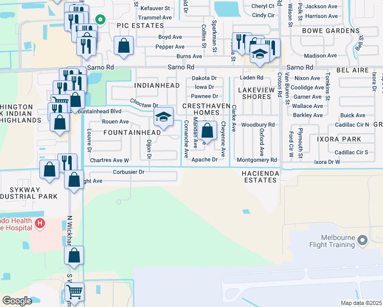 map of restaurants, bars, coffee shops, grocery stores, and more near 563 Comanche Avenue in Melbourne