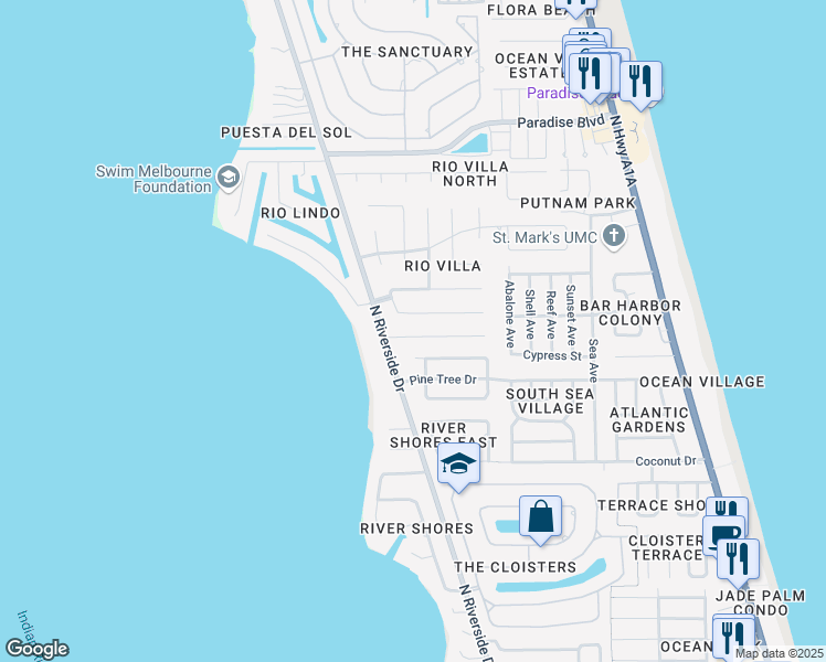 map of restaurants, bars, coffee shops, grocery stores, and more near 530 Rio Lane in Indialantic
