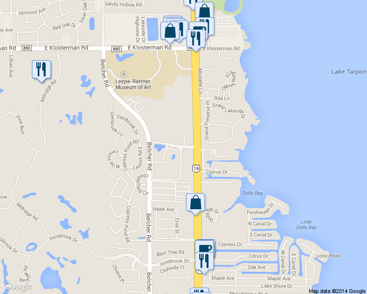 map of restaurants, bars, coffee shops, grocery stores, and more near 2350 Cypress Pond Road in Palm Harbor